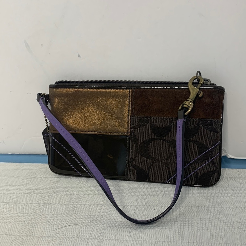 Coach Patchwork Brown Purple Leather Wristlet